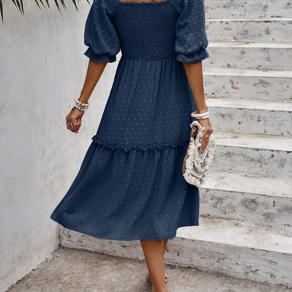 Women's Summer Casual Dresses 2025 Spring Puff Sleeve Square Neck A-line Flowy B - Picture 2 of 6